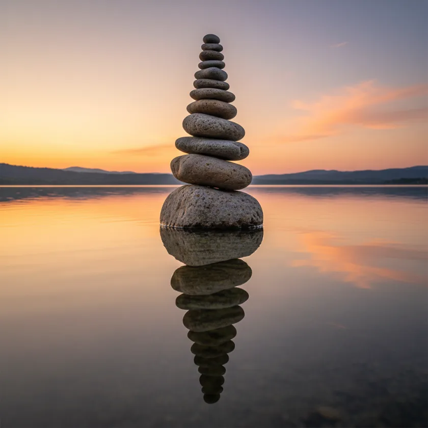 A stack of balanced stones over still water at sunset