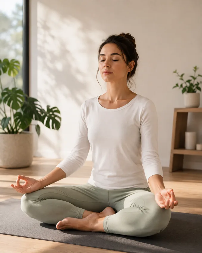 A woman meditating cross-legged in a bright room