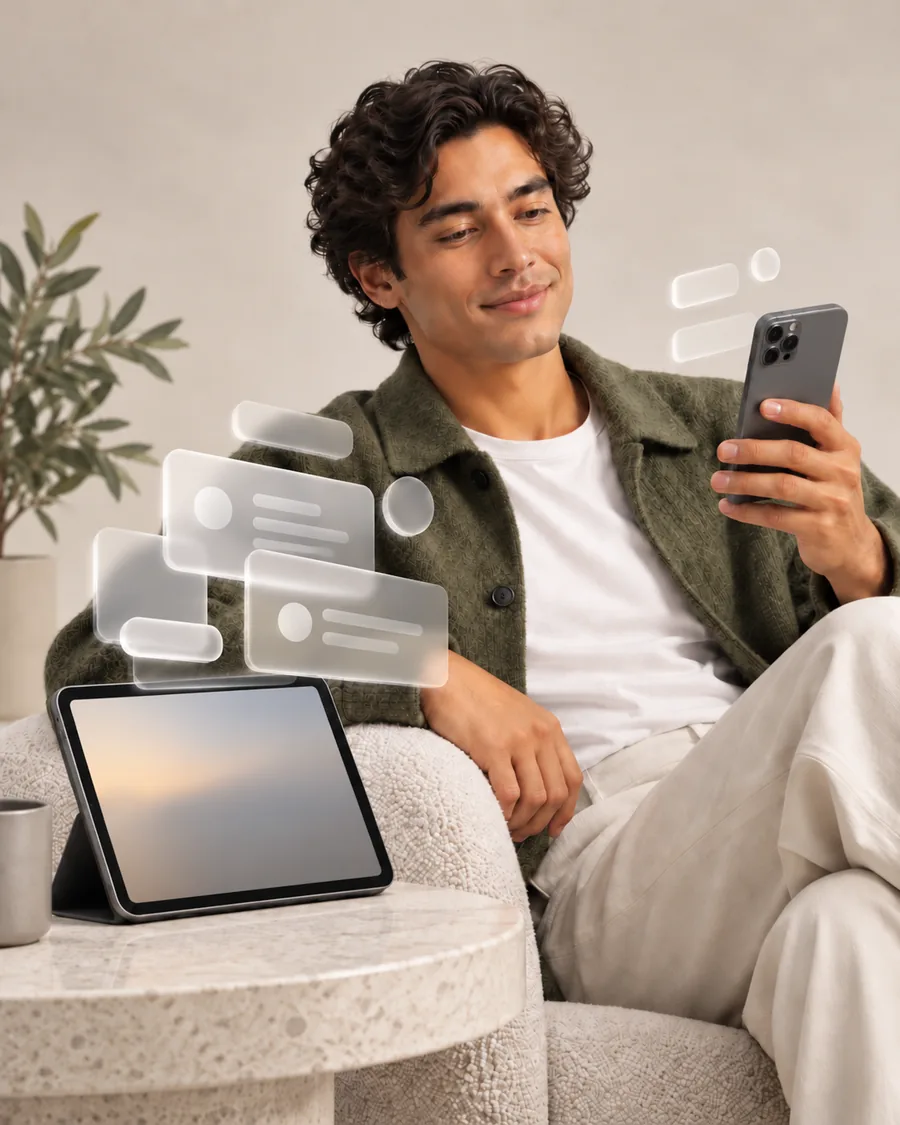 A man in a green shirt holding a phone, a tablet in front of him and chat bubbles around