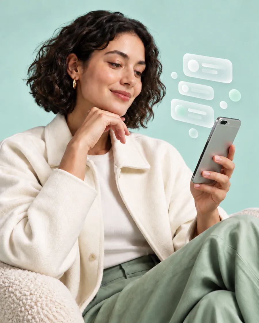 A woman in a cream jacket smiling at her phone, glass chat bubbles floating beside it