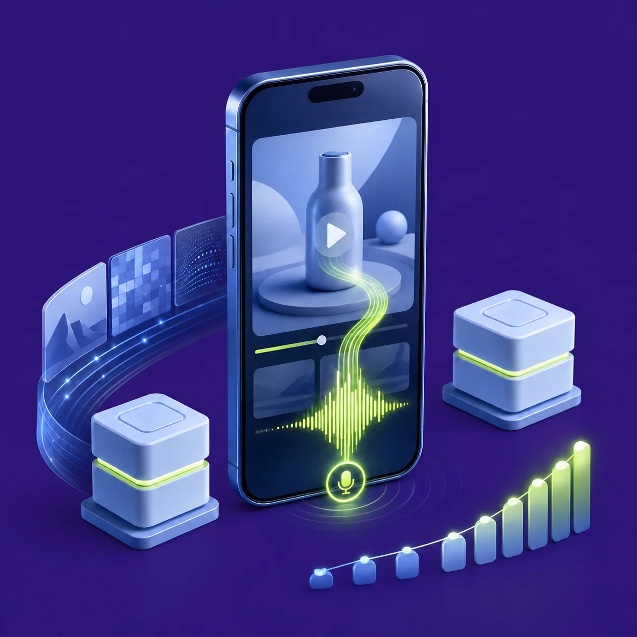 Isometric illustration of a phone playing a video ad with a voice waveform, beside glass server cubes and a rising bar chart