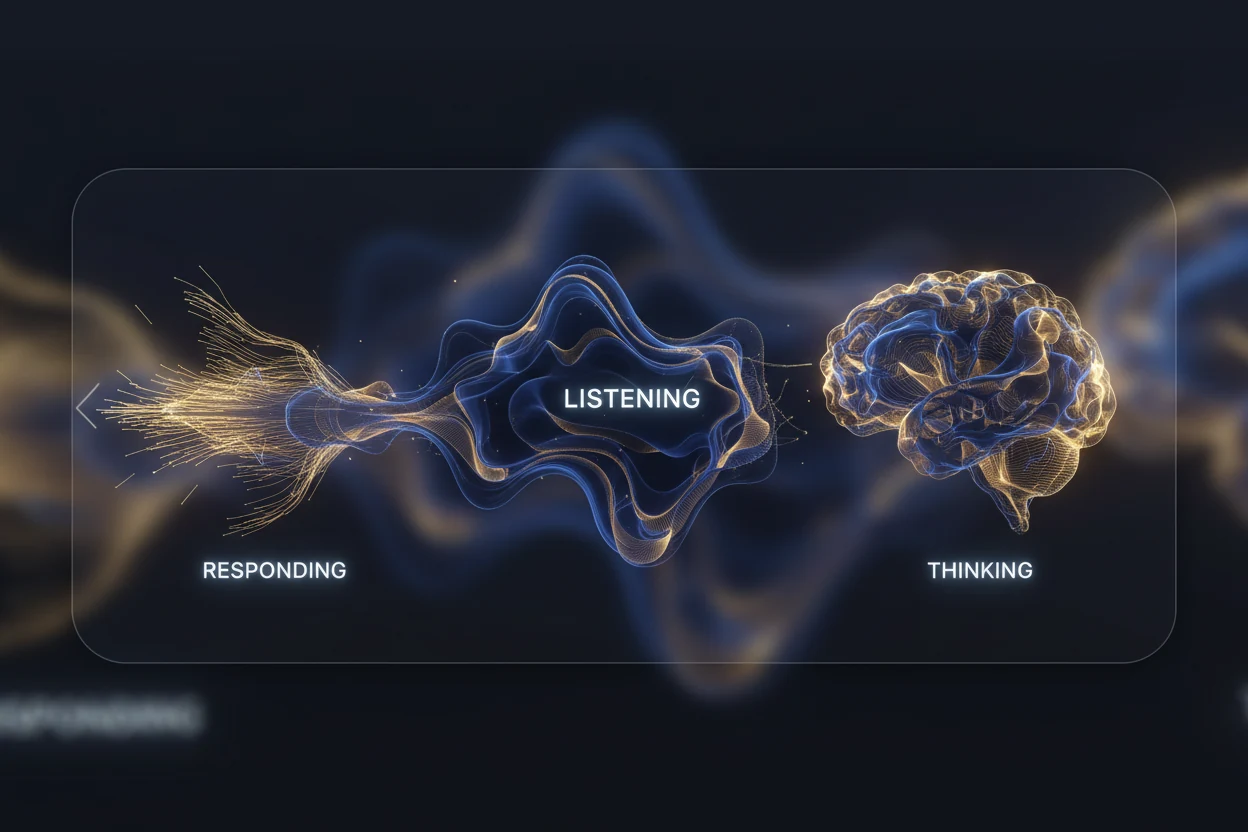 The WebGL canvas: glowing fibre-optic tendrils around a listening / thinking / responding state display