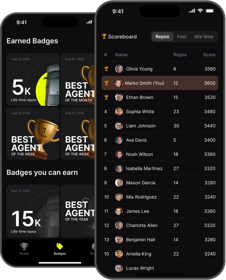 Two RepoScore screens overlapping: an earned-badges wall and the repos leaderboard