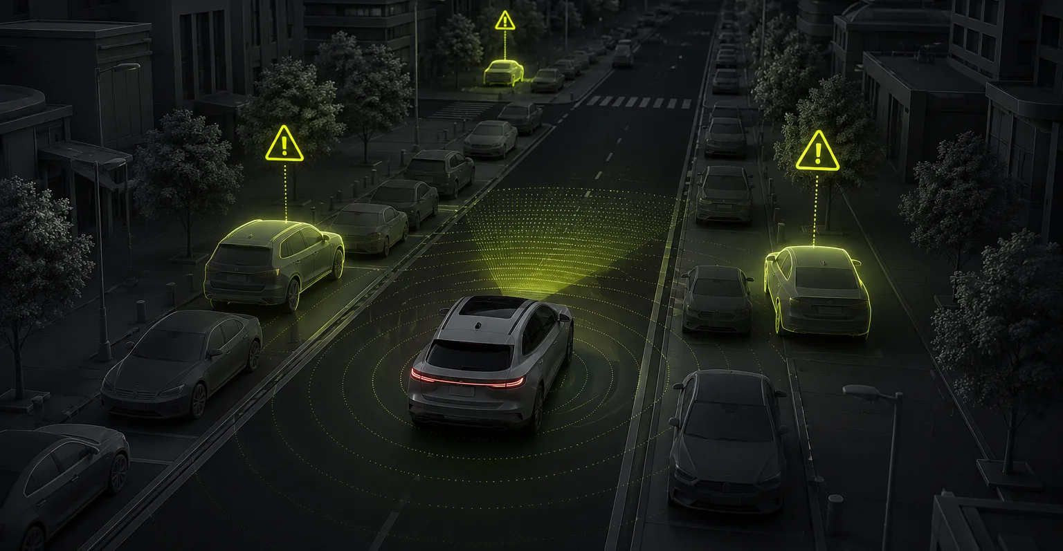 A night street seen from above: an LPR-equipped car scanning parked vehicles, three of them flagged