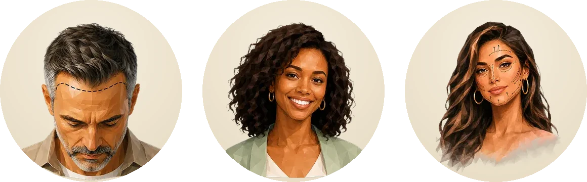 The three procedure categories the marketplace opens with — hair restoration, dental, and cosmetic — in the client’s own illustration style.