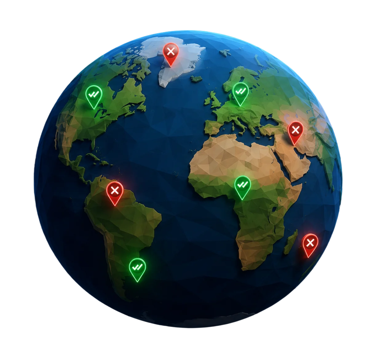 A stylised globe with green tick pins and red cross pins across several continents, the client’s illustration of vetted versus unvetted providers.