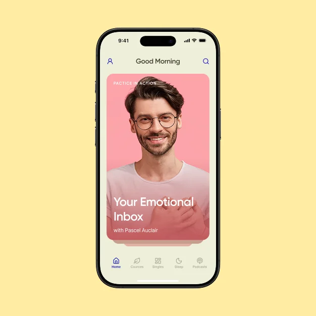 The Happier app on an iPhone: the home screen with a “Your Emotional Inbox” practice card