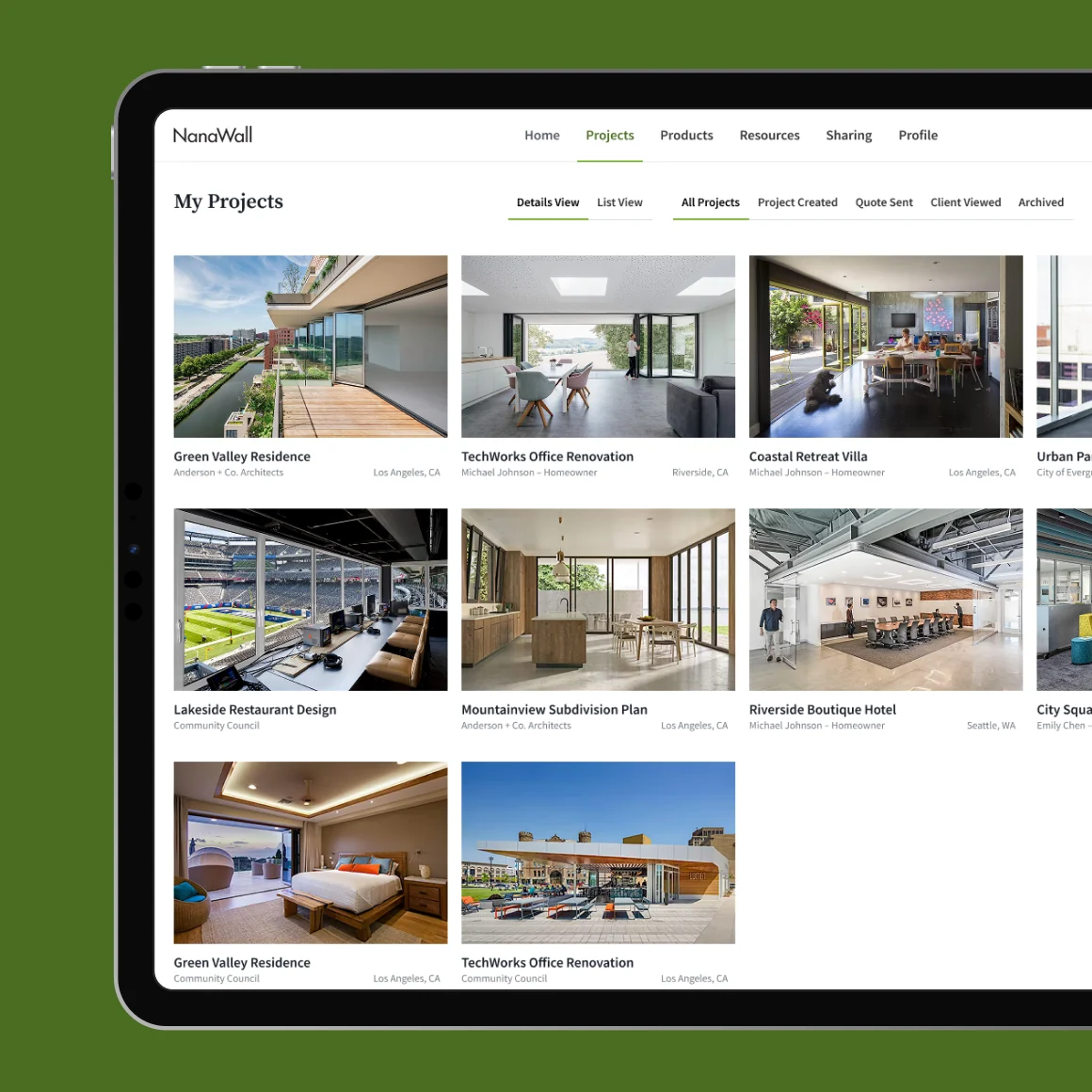 NanaWall’s sales app on an iPad: the My Projects grid of glass wall installations